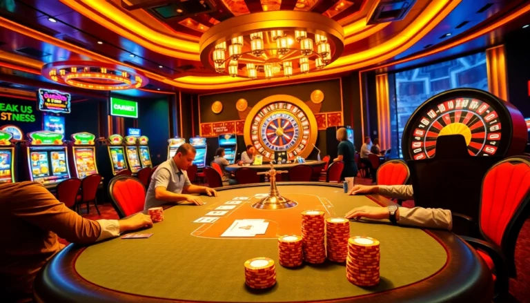Engaged players at a poker table in a vibrant casino environment, showcasing the excitement of online gambling at https://new88bet.us/.