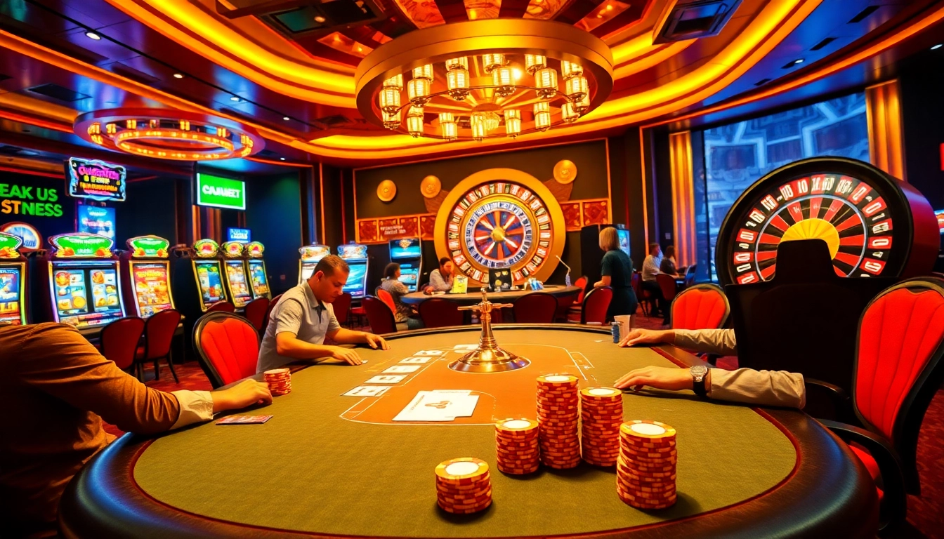 Engaged players at a poker table in a vibrant casino environment, showcasing the excitement of online gambling at https://new88bet.us/.
