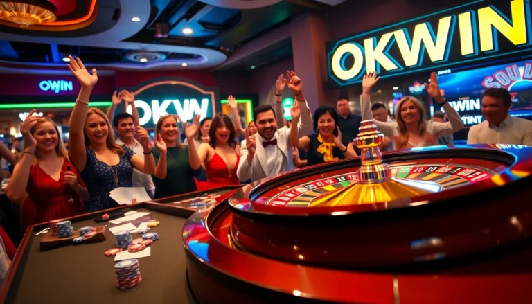 In an OKWIN casino scene, enthusiastic gamblers cheer as a roulette wheel spins, symbolizing excitement in online gambling.