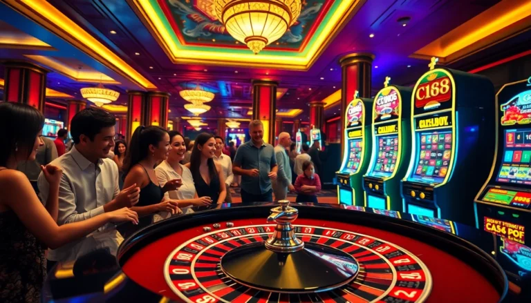 Enthusiastic players at a c168-themed luxurious casino roulette table amidst vibrant lights and cheering, showcasing gaming excitement.