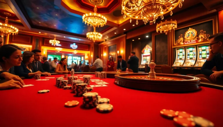 SN88 casino features an exciting poker game with players strategizing their next move amid vibrant casino scenery.