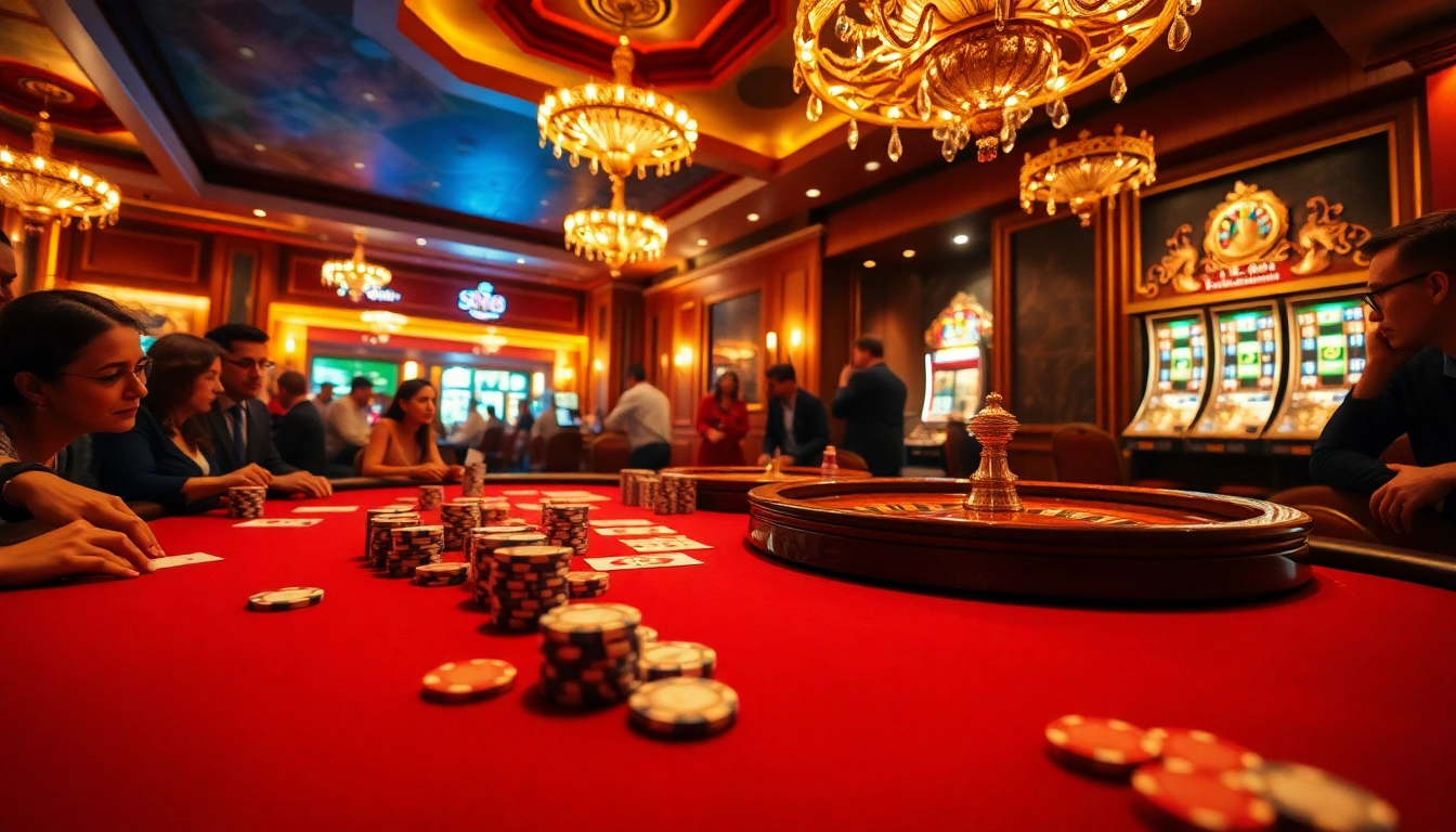 SN88 casino features an exciting poker game with players strategizing their next move amid vibrant casino scenery.