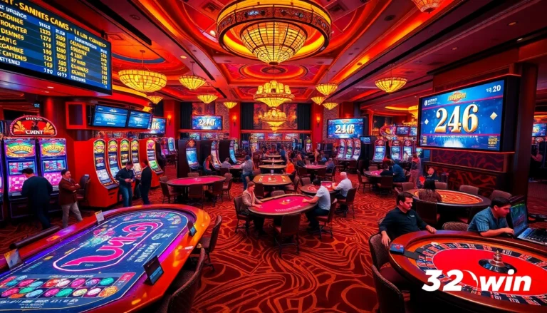 32win gaming excitement: players at vibrant casino tables enjoying blackjack and roulette, vibrant colors, and high energy.