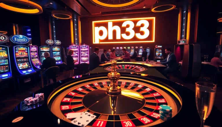 Players enjoying thrilling games at ph33 Casino with vibrant slot machines and a roulette wheel.