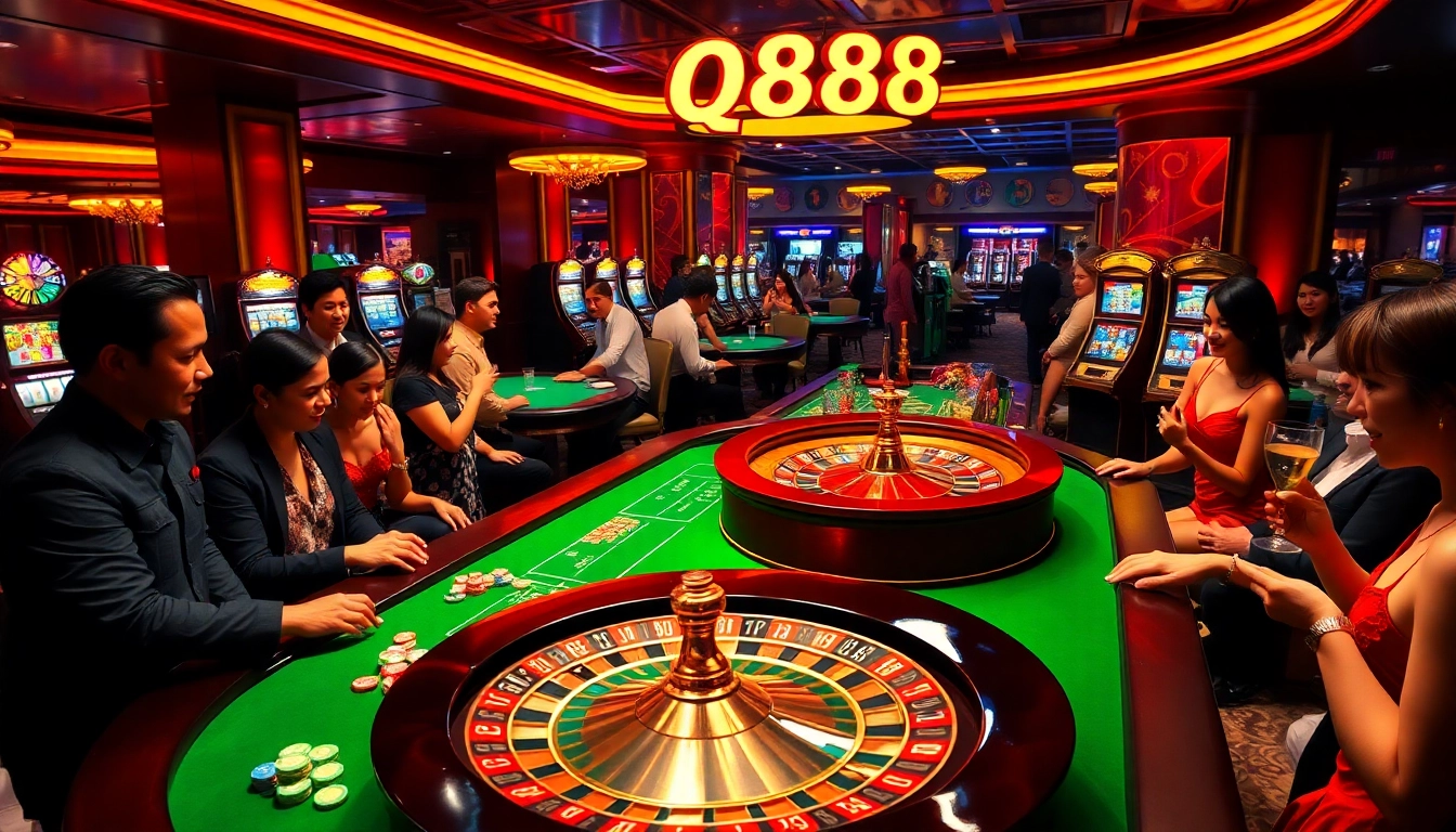 Exciting scene at a casino featuring a roulette table where players enjoy the thrill of qq888 betting.
