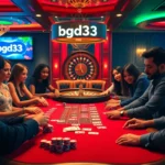 bgd33 players focused at a poker table in a vibrant casino scene filled with chips and cards, creating an exciting atmosphere.