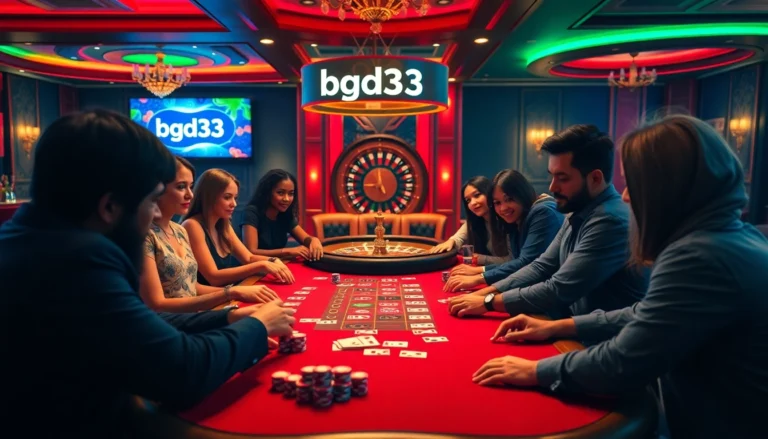 bgd33 players focused at a poker table in a vibrant casino scene filled with chips and cards, creating an exciting atmosphere.
