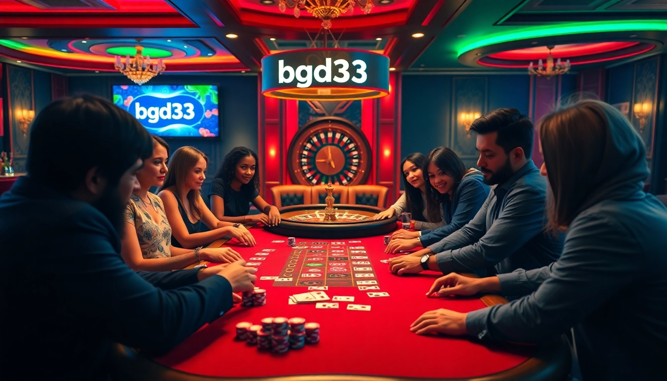 bgd33 players focused at a poker table in a vibrant casino scene filled with chips and cards, creating an exciting atmosphere.