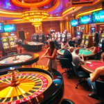 Kuwin casino scene featuring poker tables, roulette wheels, and vibrant slot machines, embodying excitement.