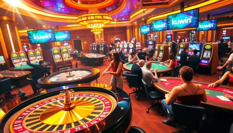 Kuwin casino scene featuring poker tables, roulette wheels, and vibrant slot machines, embodying excitement.