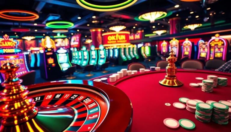 Experience the thrill of gambling at okfun's vibrant casino atmosphere filled with roulette wheels and poker players.