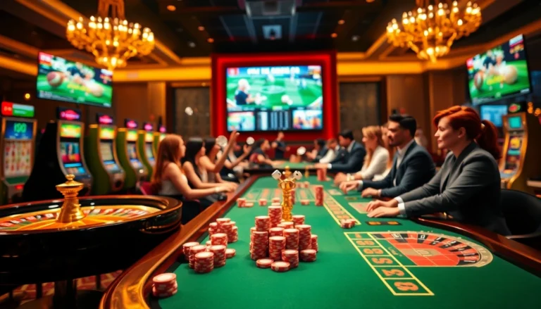 A lively casino scene showcasing the f8bet brand where players are engaged at roulette tables, surrounded by slot machines and poker chips.