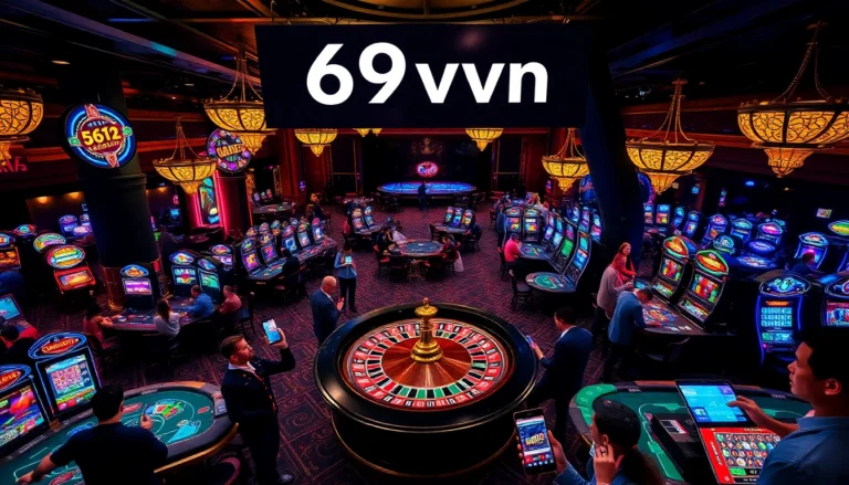 Experience the thrill of casino gaming with 69vn's vibrant roulette and poker tables filled with excitement and eager players.
