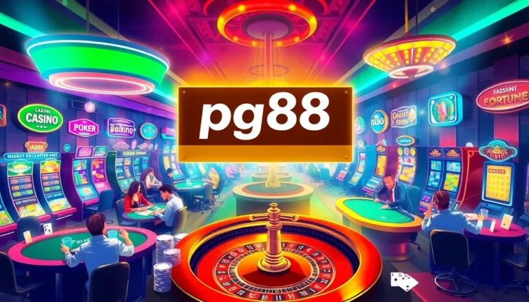 Experience the thrill of gaming at pg88 Casino with vibrant tables and lively players across a bustling casino.