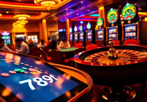 Intense poker action at a casino table showcasing 789f gameplay, with roulette in the background.