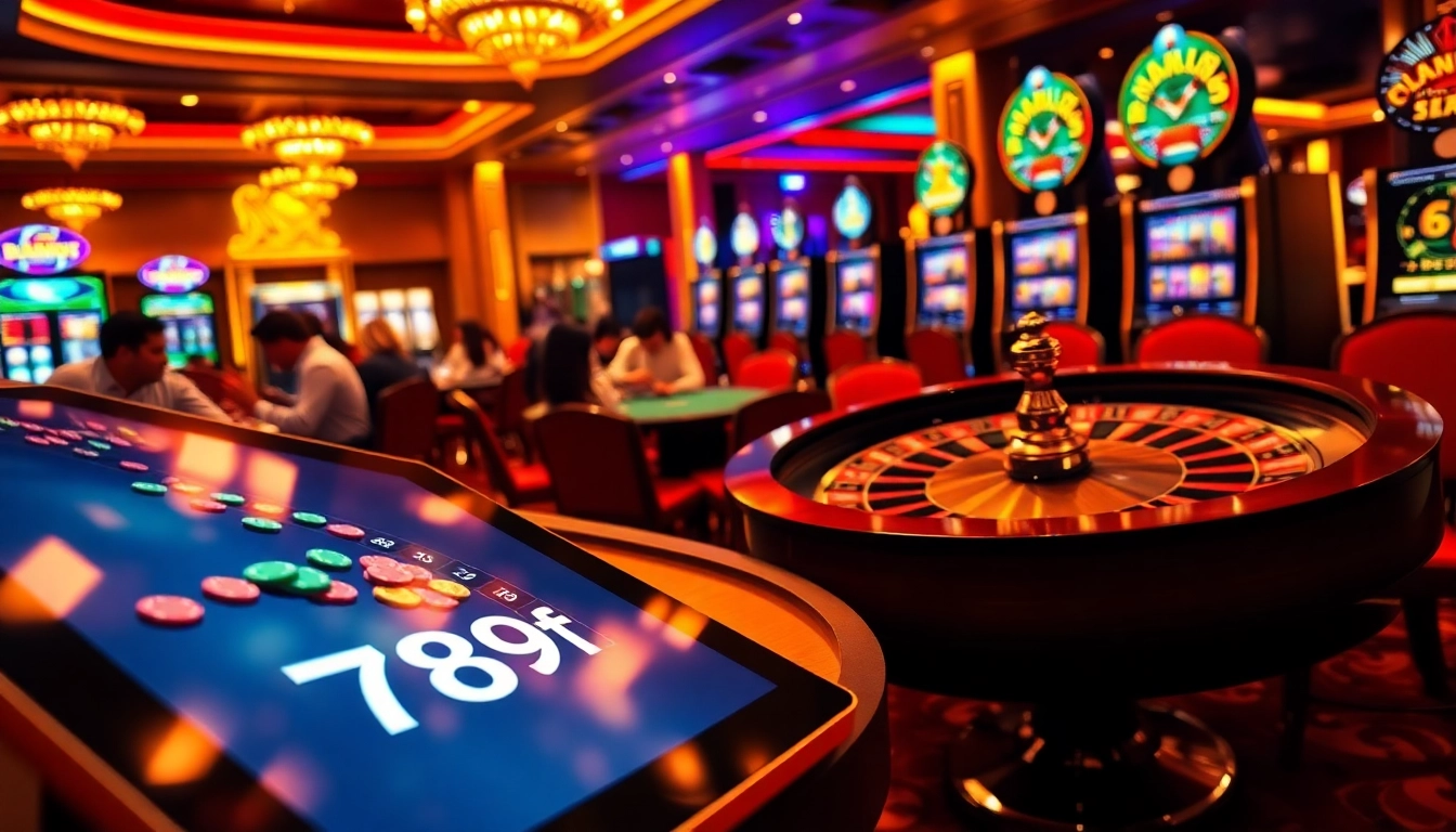 Intense poker action at a casino table showcasing 789f gameplay, with roulette in the background.