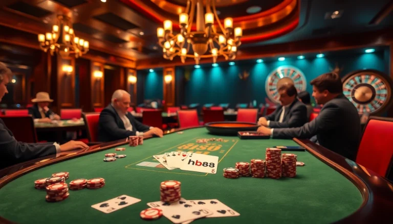 hb88 poker game in a luxurious casino, showcasing intense players and high-stakes excitement.