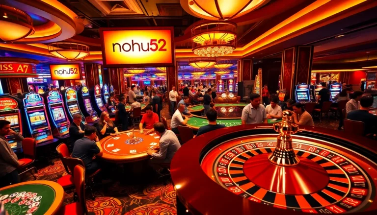 Experience the excitement of nohu52 at a vibrant casino, with players engaged in thrilling card games and spinning slot machines.