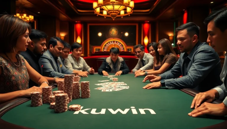 Kuwin poker table showcasing high-stakes betting with diverse players immersed in the game.