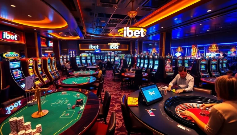 An immersive scene from a bustling casino at ibet, showcasing table games, vibrant slot machines, and excited players.