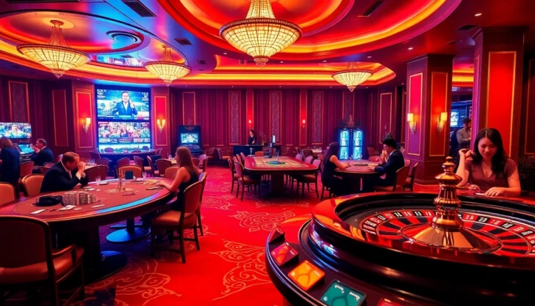 Experience the thrill at f8bet with vibrant casino tables and excited players engaged in their game.