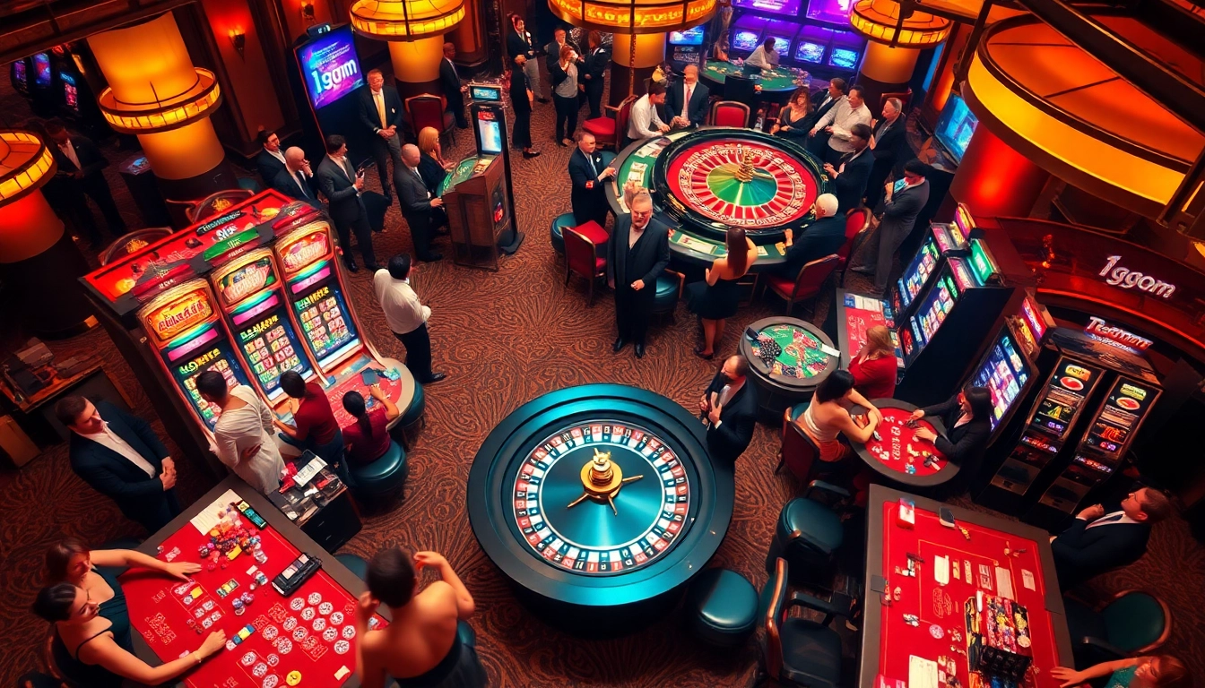 Exciting casino scene featuring players at poker tables, with the keyword 1gom highlighted in an engaging gambling environment.