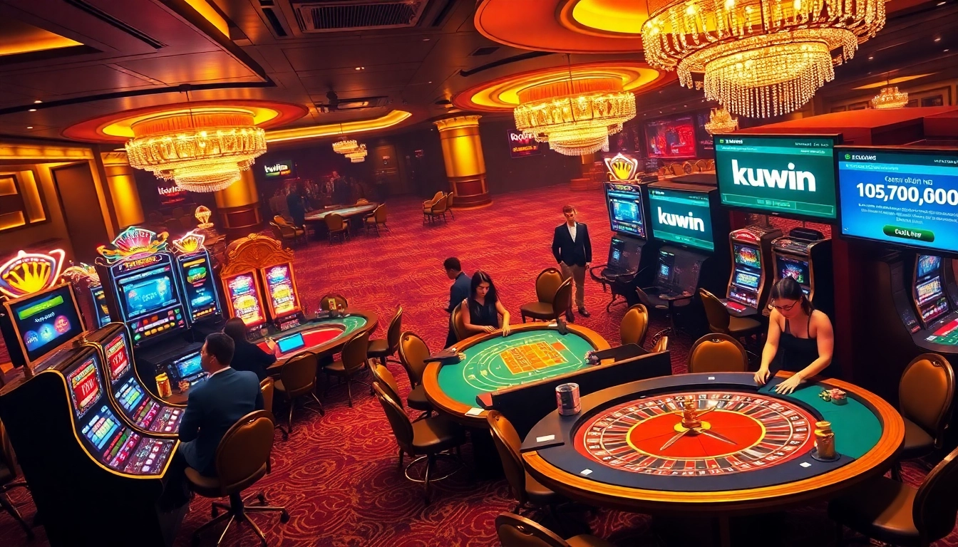 Kuwin casino scene showcasing players at tables and slot machines, radiating excitement and chance.