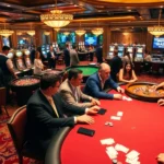 Competitive poker players at a casino table showcasing excitement with 1gom branding visible in the background.