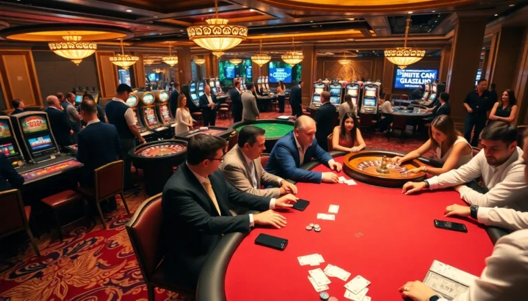 Competitive poker players at a casino table showcasing excitement with 1gom branding visible in the background.