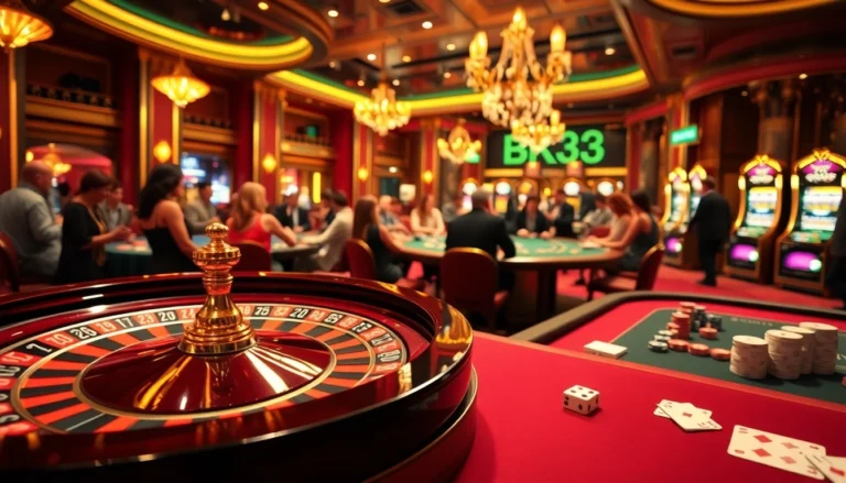 BK33 Casino scene showcasing high-stakes roulette and poker action with vibrant decorations and players engaged in thrilling bets.