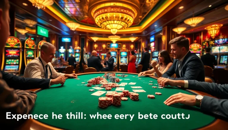 Players at a vibrant 888b poker table, immersed in high-stakes action, with colorful chips and cards.