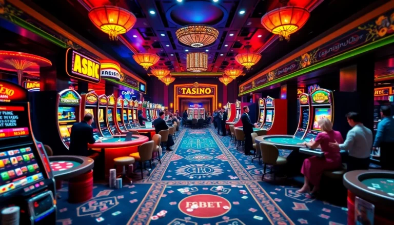 Players enjoying various casino games like poker and roulette at f8bet, illuminated by neon lights and vibrant decor.
