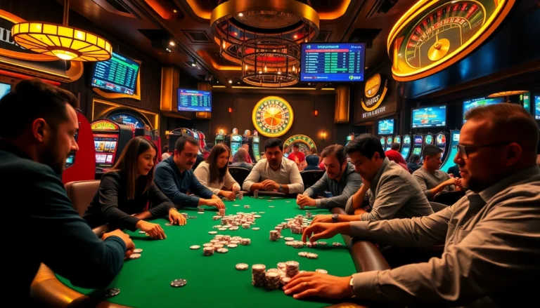 Experience the excitement of bongdaso as players engage at a lively poker table surrounded by dynamic casino elements.