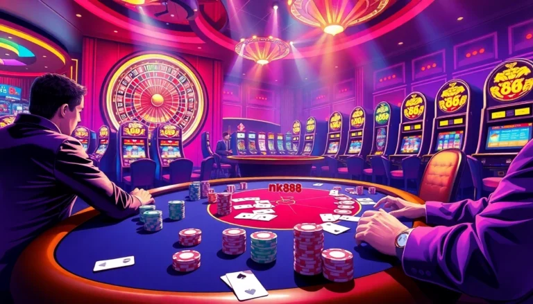 Experience the thrill of high-stakes gambling with nk88-inspired poker chips and a roulette wheel in action.