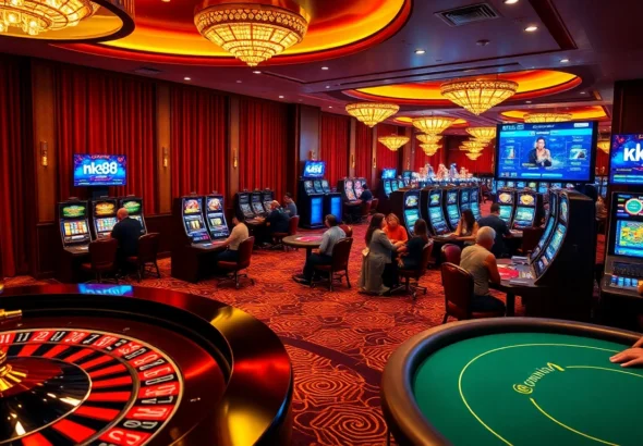 Experience the thrill at nk88's luxurious casino with vibrant roulette tables and excited players enjoying the action.