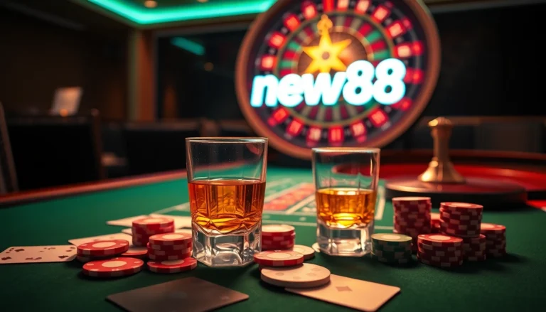 Experience the thrill of winning at new88 with vibrant casino tables and poker chips.