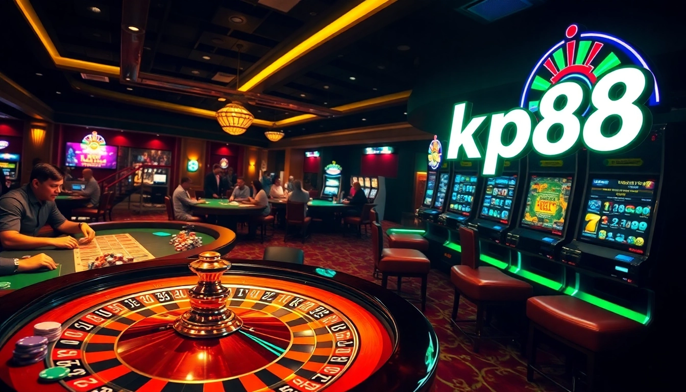 Experience thrilling kp88 gaming at a bustling casino with roulette, poker, and dynamic slot machines.